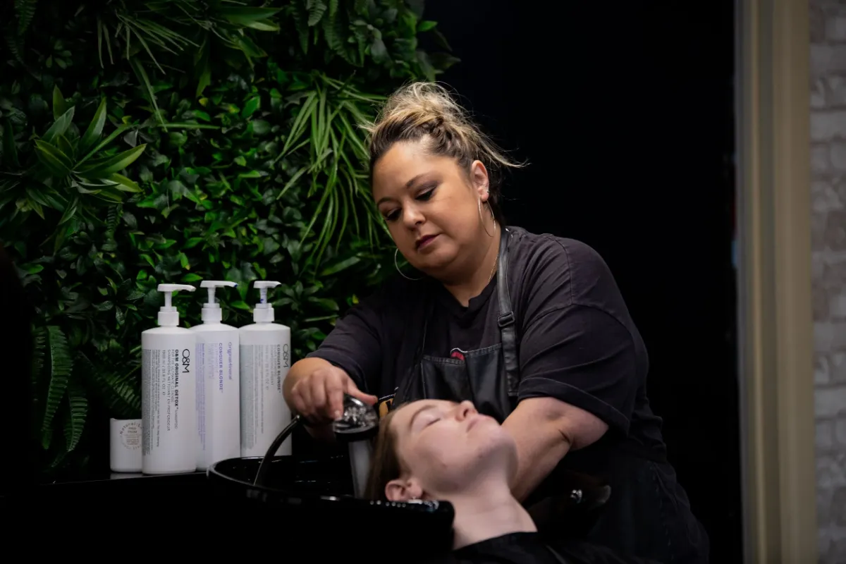 Ammonia free blonde foils being applied at Satori Hair in Kingsville, Melbourne